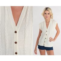 White Sweater Vest 70S Cable Knit Top Button Up Cap Sleeve Retro Preppy Spring Layering Bohemian Hippie Acrylic Vintage 1970S Small | Etsy (US)