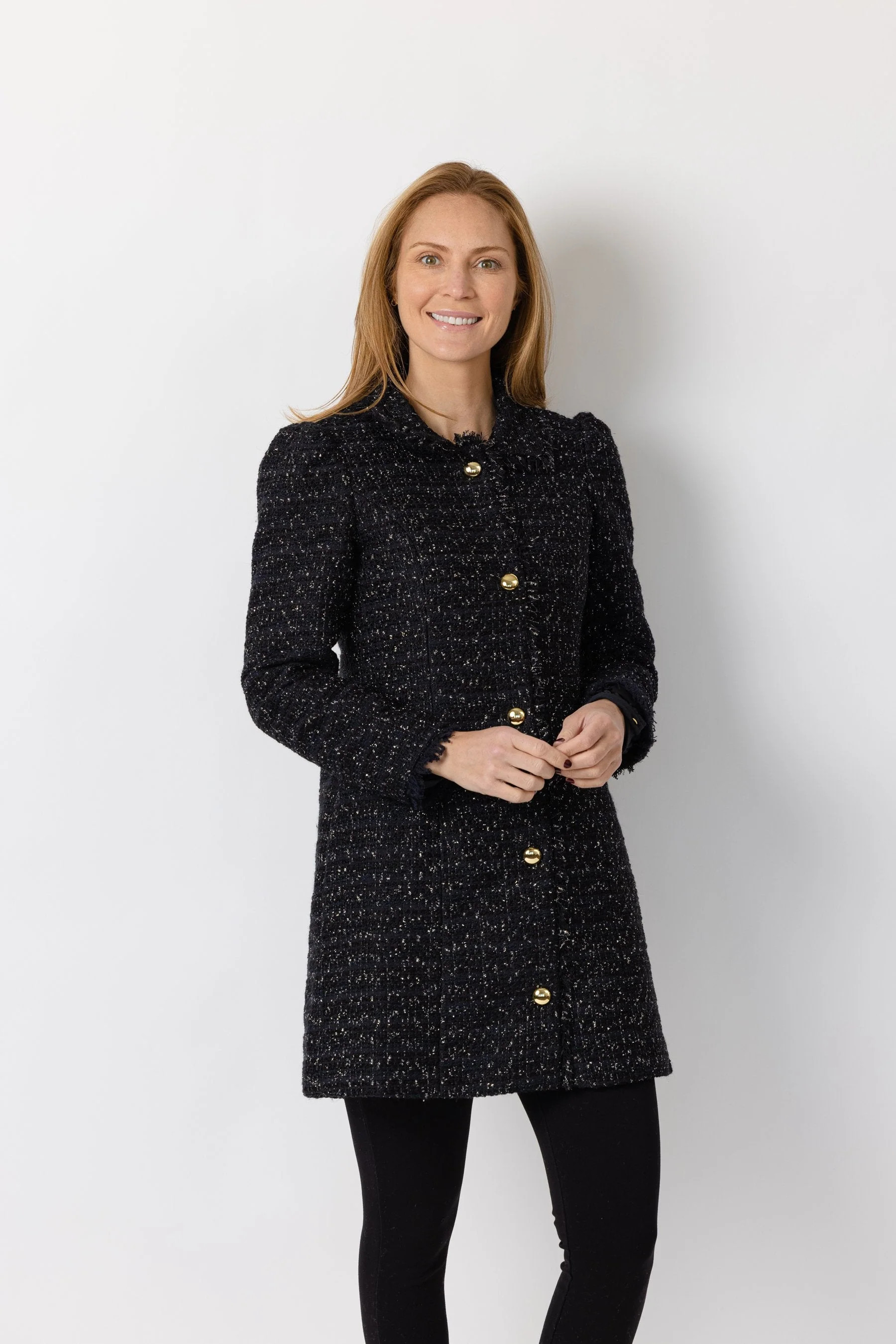 Black Sparkle Tweed Button Front Jacket | Sail to Sable