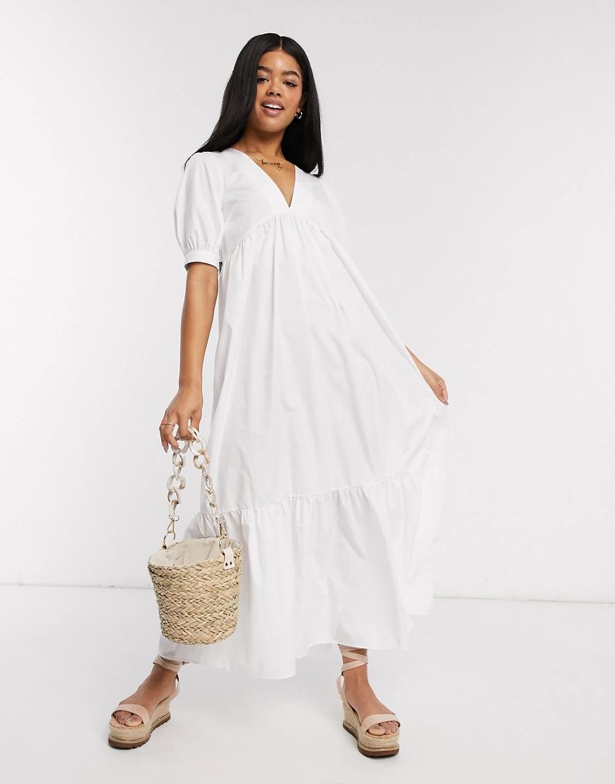 ASOS DESIGN cotton poplin v front v back tiered maxi dress in white | ASOS (Global)