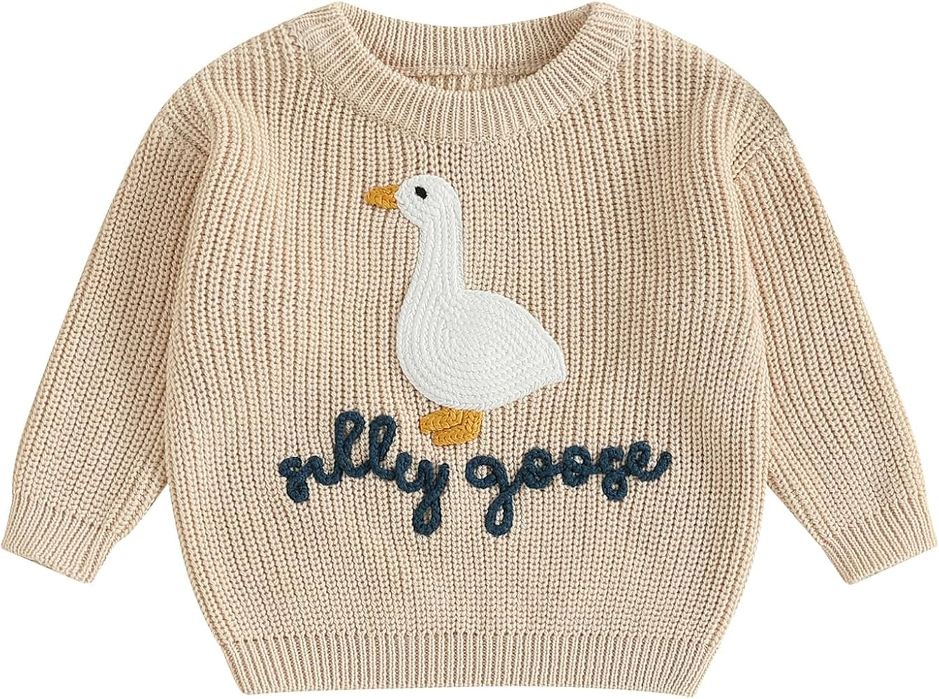 Toddler Baby Boy Girl Goose Outfit Silly Goose Embroidered Crewneck Long Sleeve Sweater Chunky Kn... | Amazon (US)