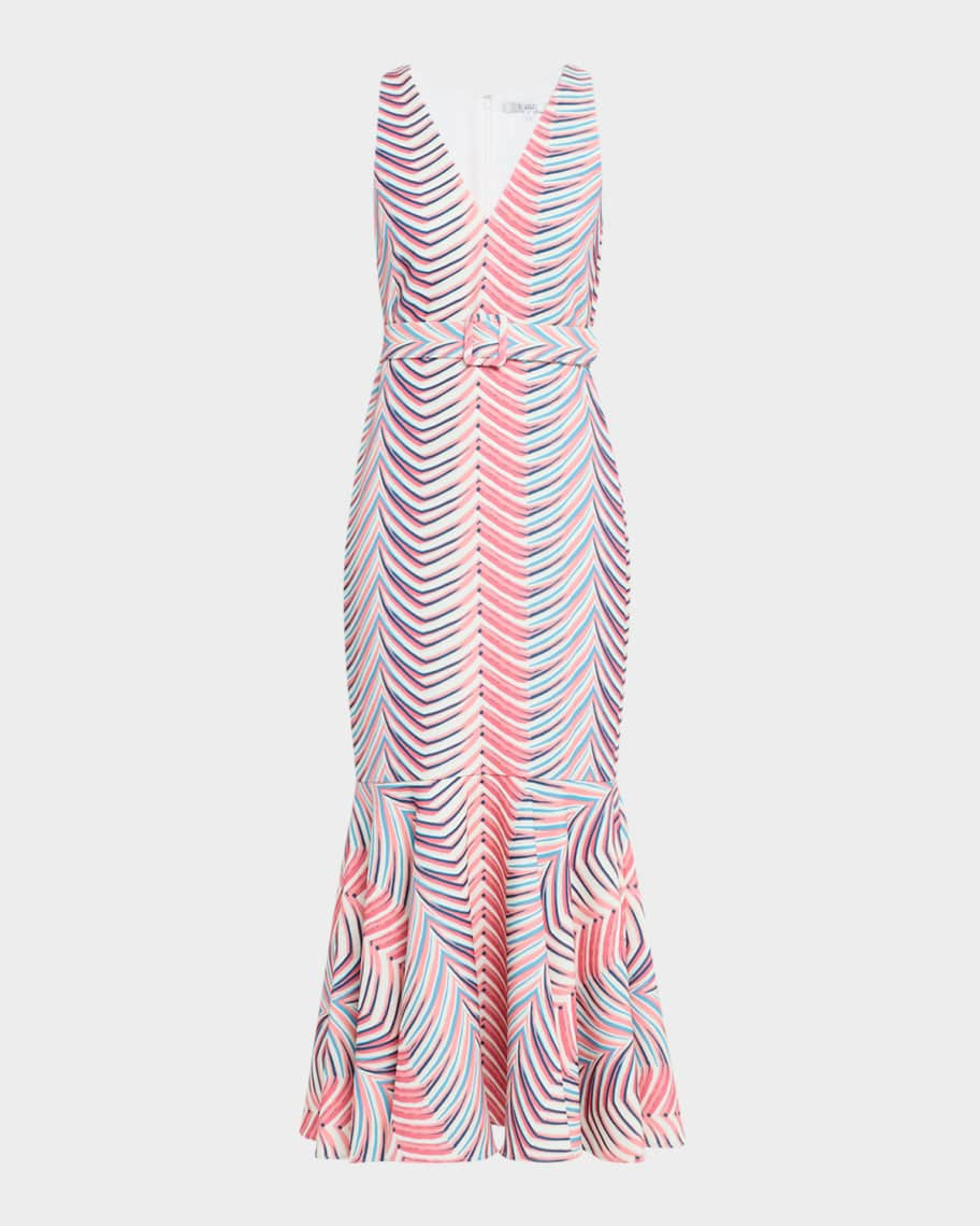 Badgley Mischka Collection Belted Chevron-Print Mermaid Midi Dress | Neiman Marcus