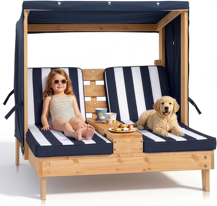 Kids Chaise Lounge Chair Outdoor, Toddler Wood Double Pool Lounger Chairs w/Canopy, Cup Holders, ... | Amazon (US)