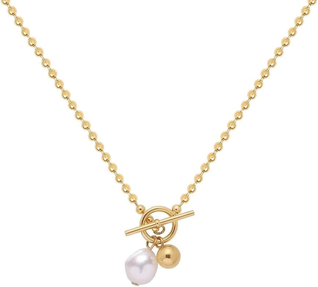 Natural Freshwater Pearl Gold Ball Toggle Charm Necklace 18k Gold Plated Stainless Steel Bead Cha... | Amazon (US)