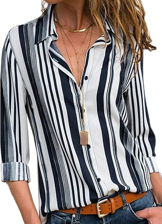 Astylish Womens V Neck Striped Roll up Sleeve Button Down Blouses Top | Amazon (US)