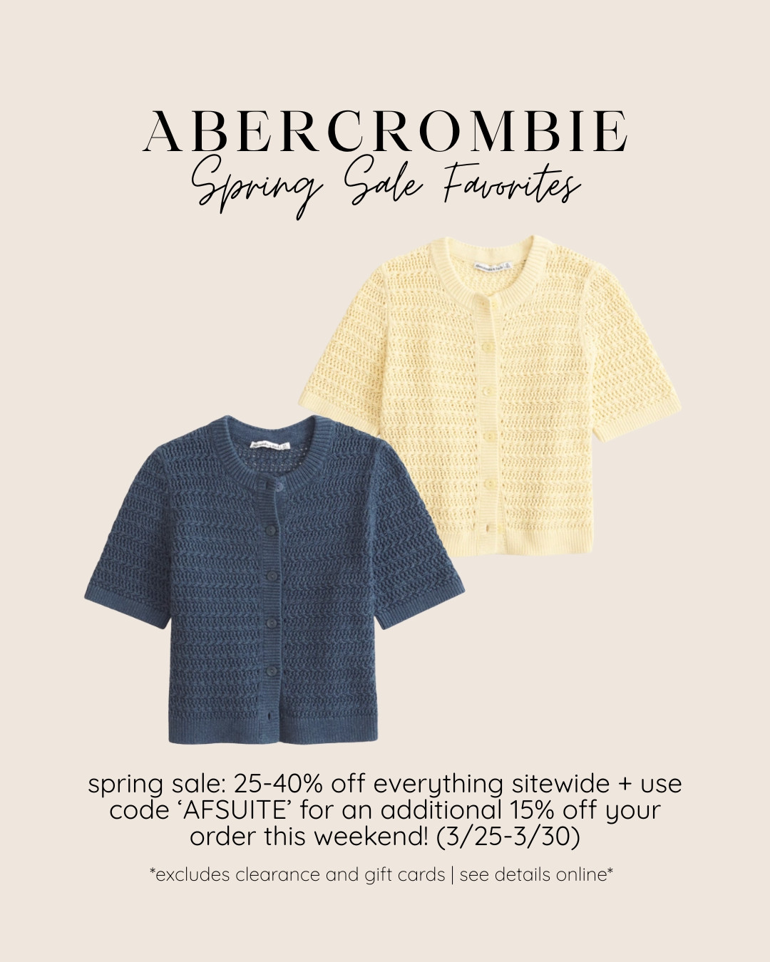 the cutest short sleeve crew cardigans! perfect for my WFH wardrobe 💻 @abercrombie 

The Abercrombie Spring Sale is happening now 🛍️
➔ 25-40% off EVERYTHING sitewide
➔ + an additional 15% off with code SUITEAF

*Sale runs 3/25-3/30
*Valid in US & CA Only
*Excludes clearance + gift cards
*See additional details online

#LTKPetite #LTKSaleAlert #LTKootd