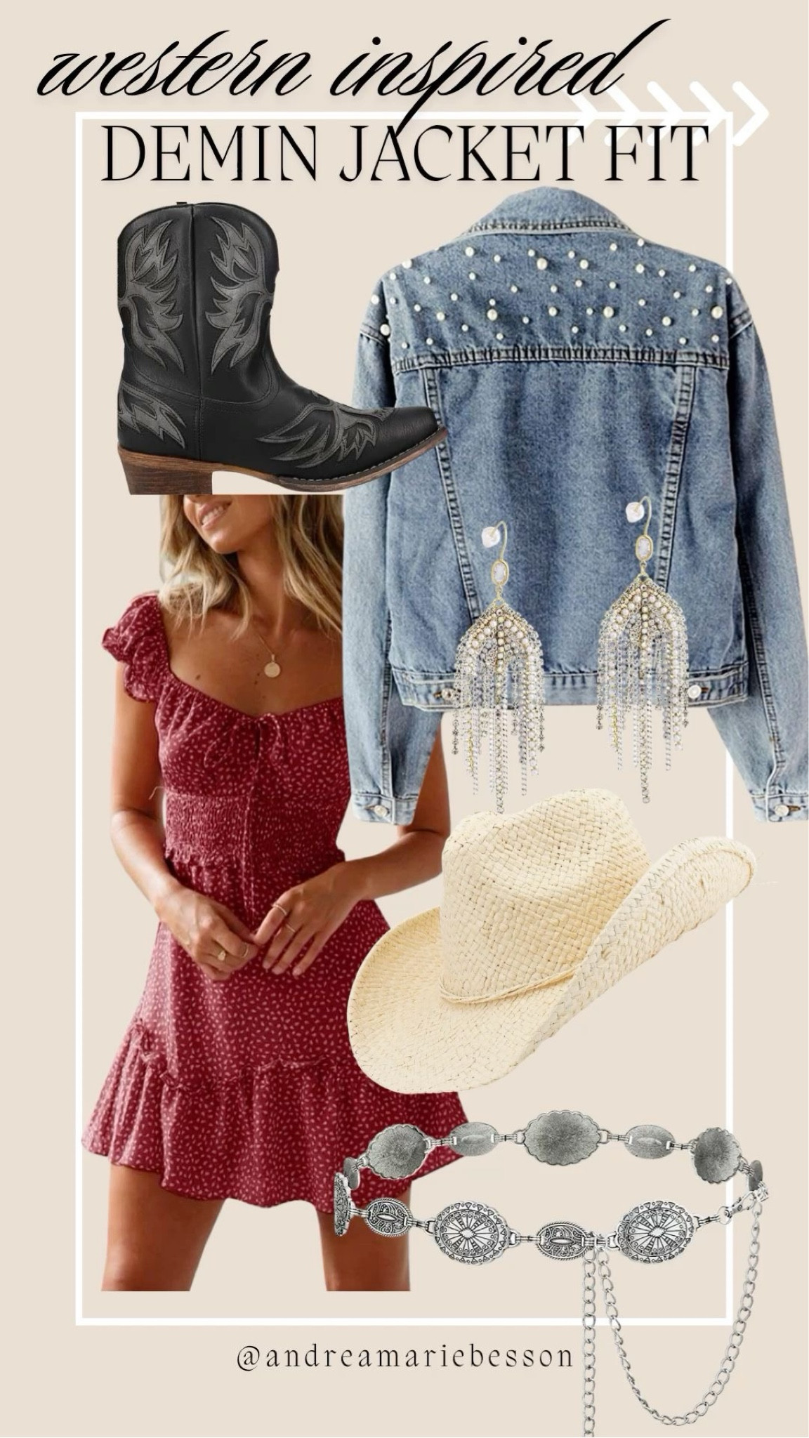 The ultimate western-inspired denim jacket outfit 🤍 Cowboy boots, pearl denim, flowy dresses, statement earrings, western belts, and coastal cowgirl accessories for an effortless feminine western vibe. This look is perfect for concerts, Nashville trips, country nights, summer festivals, rodeos, and everyday western fashion styling with a modern boho twist. #westernfashion #cowgirlstyle #denimjacket #coastalcowgirl #westernoutfit #bohofashion #cowgirlboots #countryconcertoutfit #amazonfashion #westerninspired
