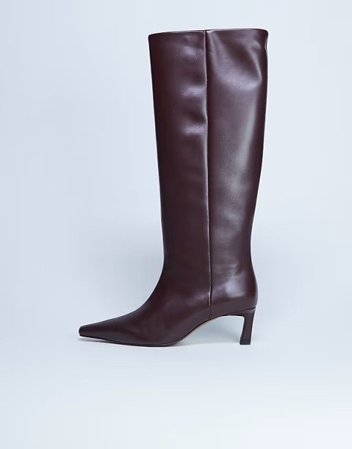 Topshop Taz premium leather knee high heeled boots in burgundy | ASOS (Global)