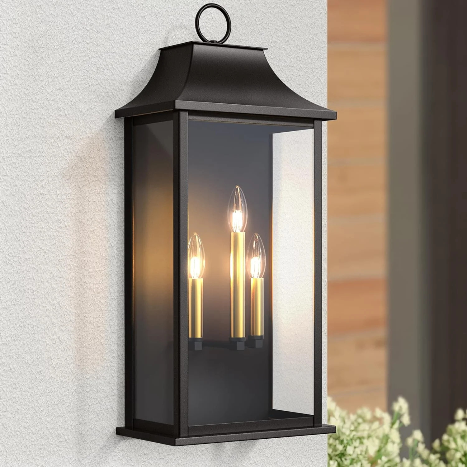 Lawyettle 3-Light 25" Outdoor Wall Lantern with Dusk to Dawn Sensor, Black Exterior Light with Gl... | Walmart (US)