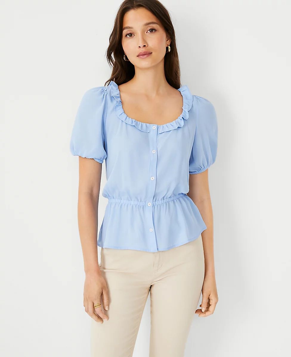 Mixed Media Button Square Neck Top | Ann Taylor (US)