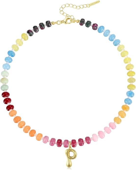 KissYan Initial Necklaces for Women, Colorful Beaded Gemstone Choker 14K Gold Bubble Letter Penda... | Amazon (US)
