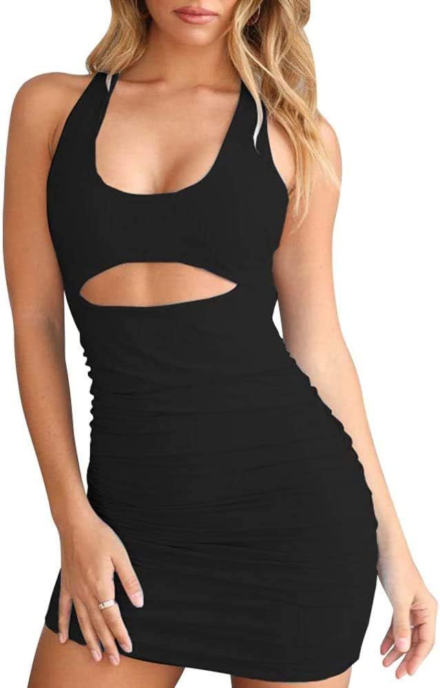 ARCSSAI Women's Sexy Bodycon Backless Sleeveless Ruched Cutout Mini Club Dresses | Amazon (US)