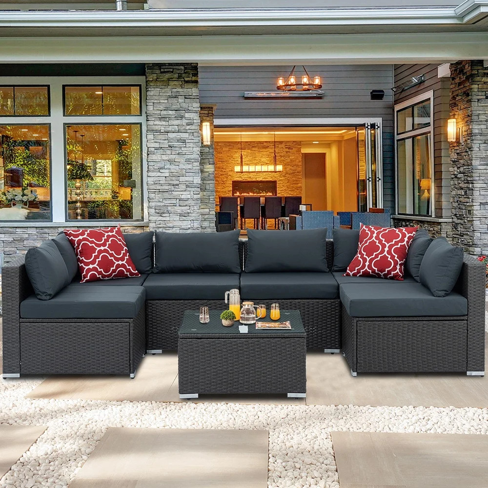 7 Piece Rattan Sectional Sofa Set, Outdoor Conversation Set, All-Weather Wicker Sectional Seating... | Walmart (US)