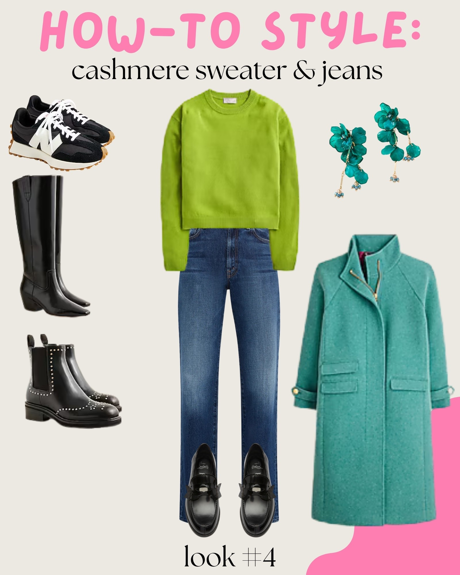 My how-to guide for styling cashmere sweater and jeans: look four 4️⃣. 

This coat is show-stopping and insanely warm. It pairs so nicely with this green sweater. Put your hair up or half up and these earring will pop!

#LTKFindsUnder100 #LTKShoeCrush #LTKStyleTip