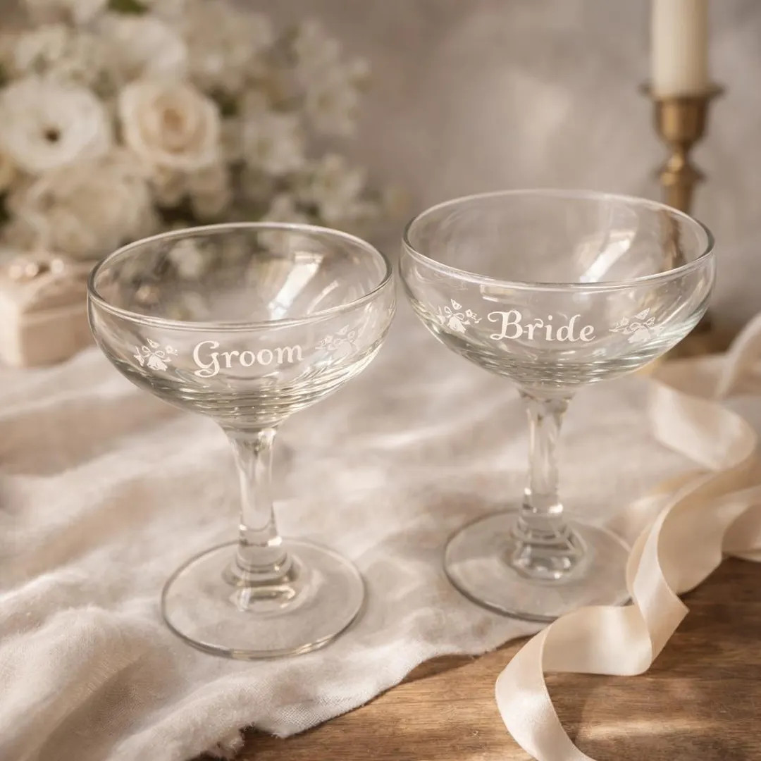 Vintage Bride Groom Etched Champagne Coupe Glasses Set – Wedding Toasting Pair | Etsy (US)