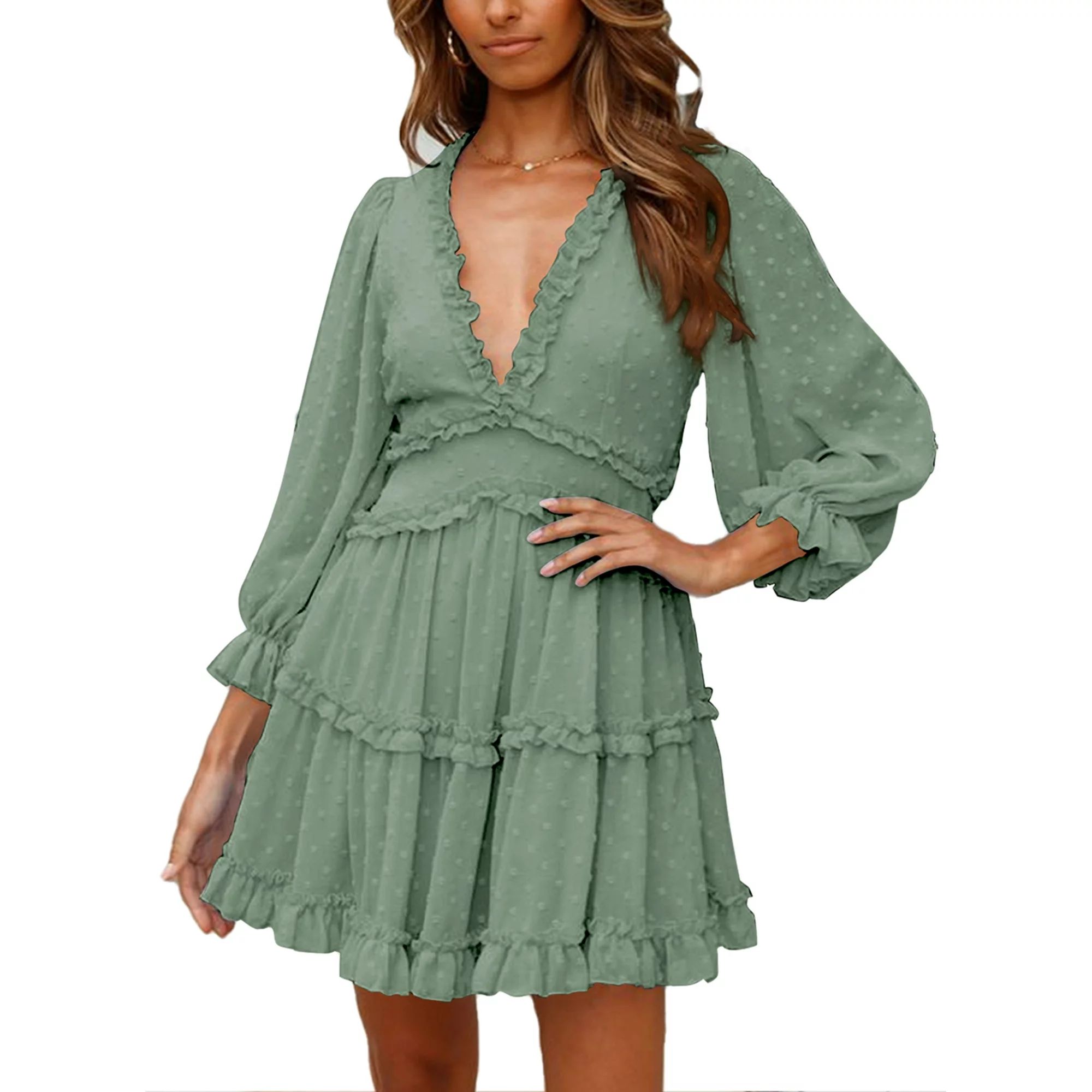 Dokotoo Womens Green Tunic Dress V Neck Casual Loose Flowy Swing Shift Dresses Size Medium US 8-1... | Walmart (US)
