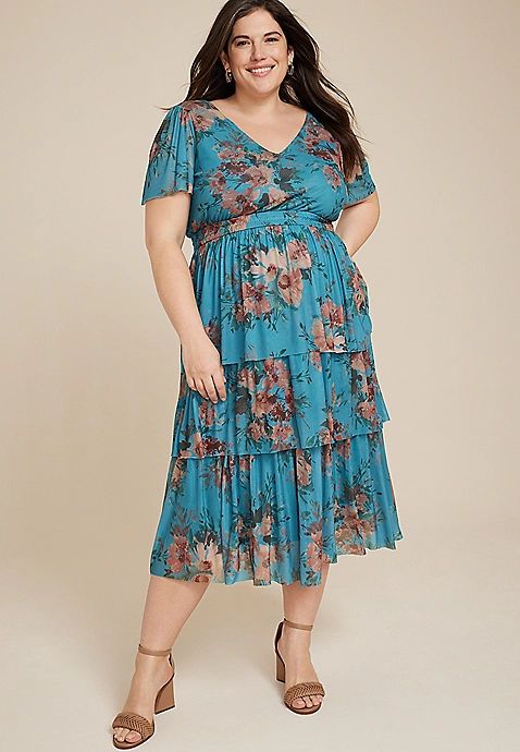 Plus Size Floral Flutter Sleeve Tiered Midi Dress | Maurices