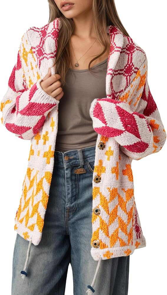 Women Boho Cardigan Sweaters Button Down Shawl Collar Oversized Sweater Coats Y2k Print Cardigans... | Amazon (US)