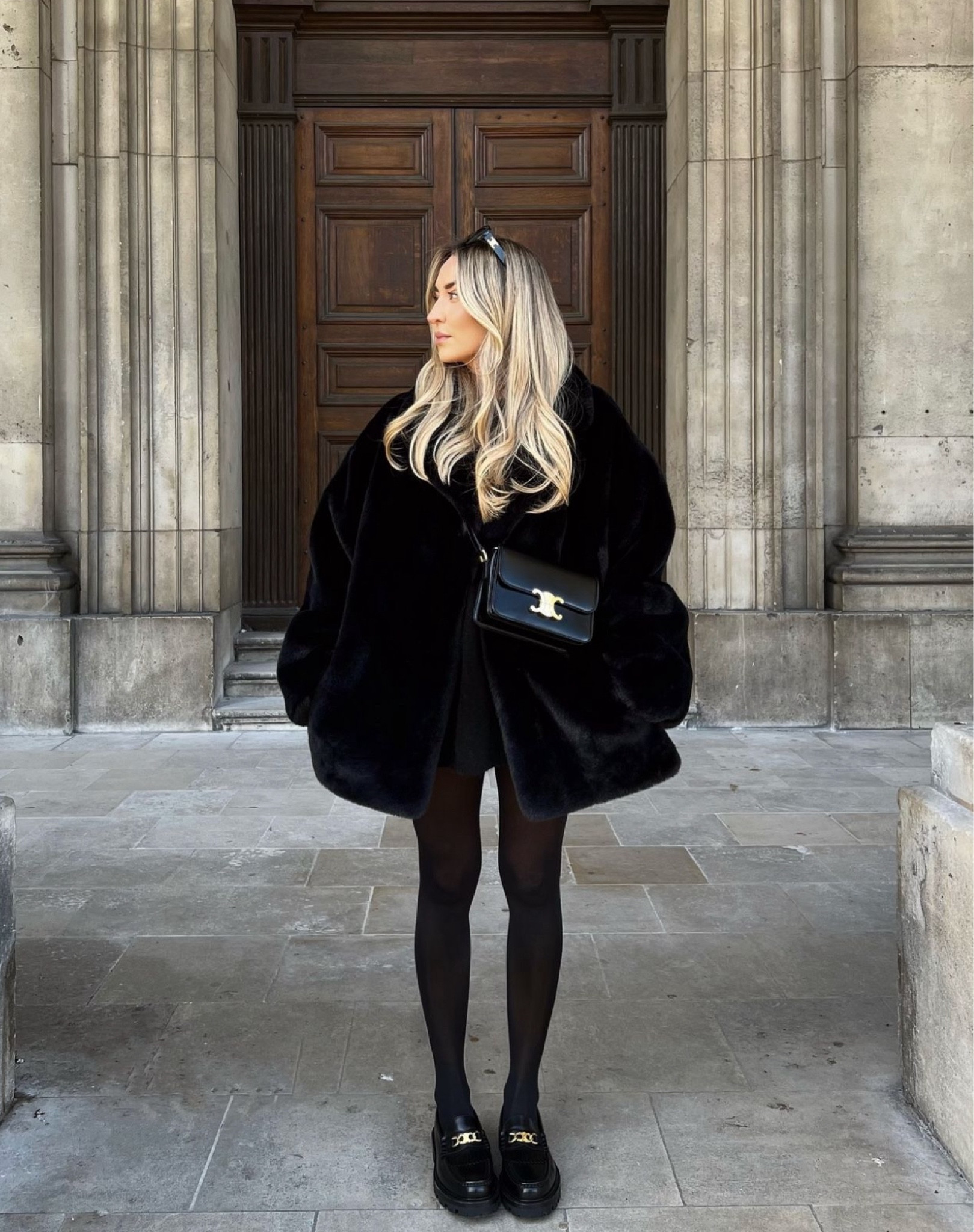 All Black Autumn Looks 07 - cosy girl level 100 with this faux fur coat 🧸 styled with Celine black accessories 

#LTKautumn #LTKstyletip