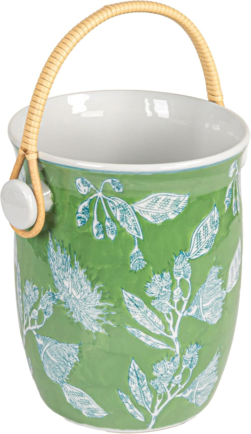 Creative Co-Op Ceramic Wine Cooler with Bamboo Handles, Green | Amazon (US)
