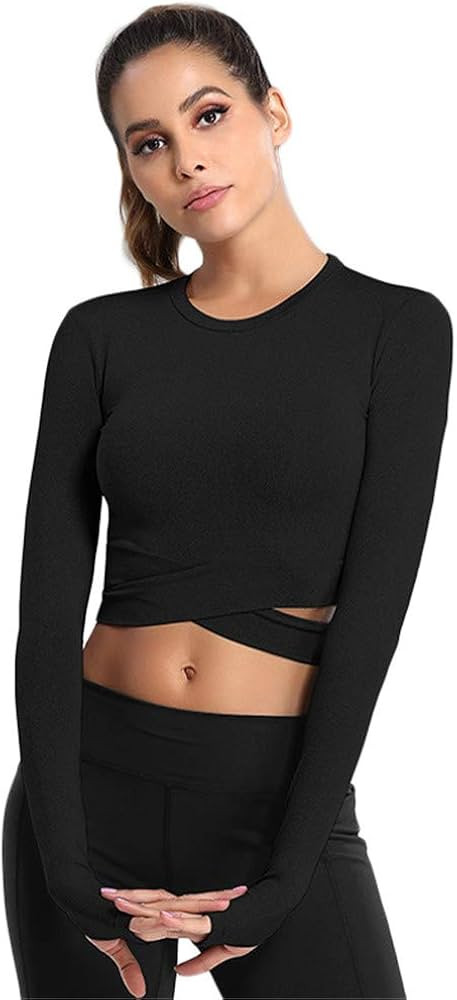 SotRong Womens Cross Wrap Workout Gym Crop Tops Short Sleeve Yoga Running Tank Tops | Amazon (UK)