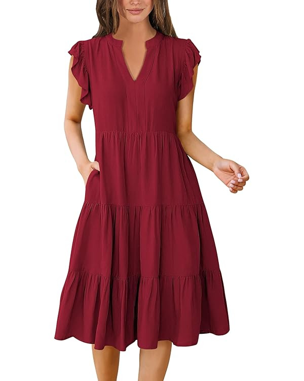 ANRABESS Womens Summer Dress Ruffle Sleeve V Neck Midi Dresses Fashion Casual Fit Flowy Tiered Bo... | Amazon (US)