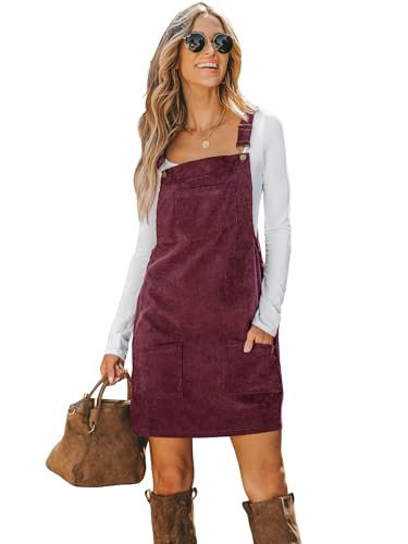 CUPSHE Women Corduroy Fall Dresses Front Bib Pocket Square Neck Wide Strap Casual Overall Mini Dress Wine Red, L | Amazon (US)