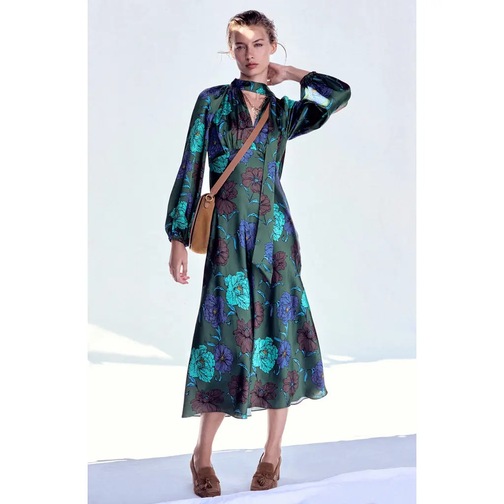 Boden Tie Neck Long Sleeve Satin Midi Dress in Green Fir Peony Bloom at Nordstrom, Size 6 | Nordstrom