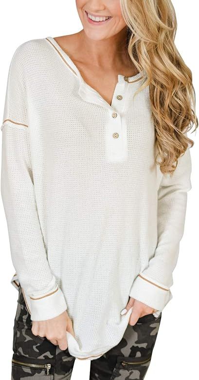 Women's Long Sleeve Henley Tops Casual Scoop Neck Tunics with Buttons | Amazon (US)