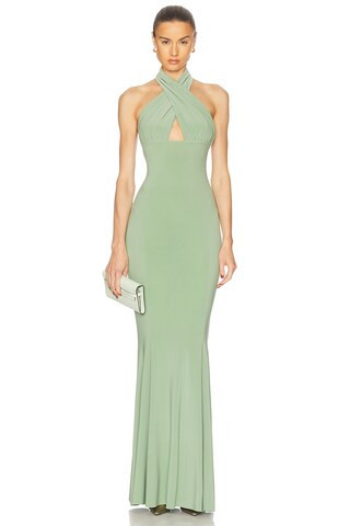 Norma Kamali Cross Halter Fishtail Gown in Green | FWRD 