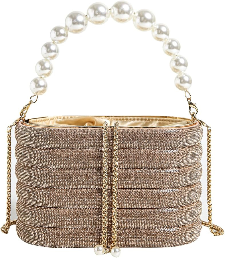 Clutch Purses for Women Pearl Top-Handle Crystal Evening Handbag Diamonds Metal Bucket Bag with D... | Amazon (US)