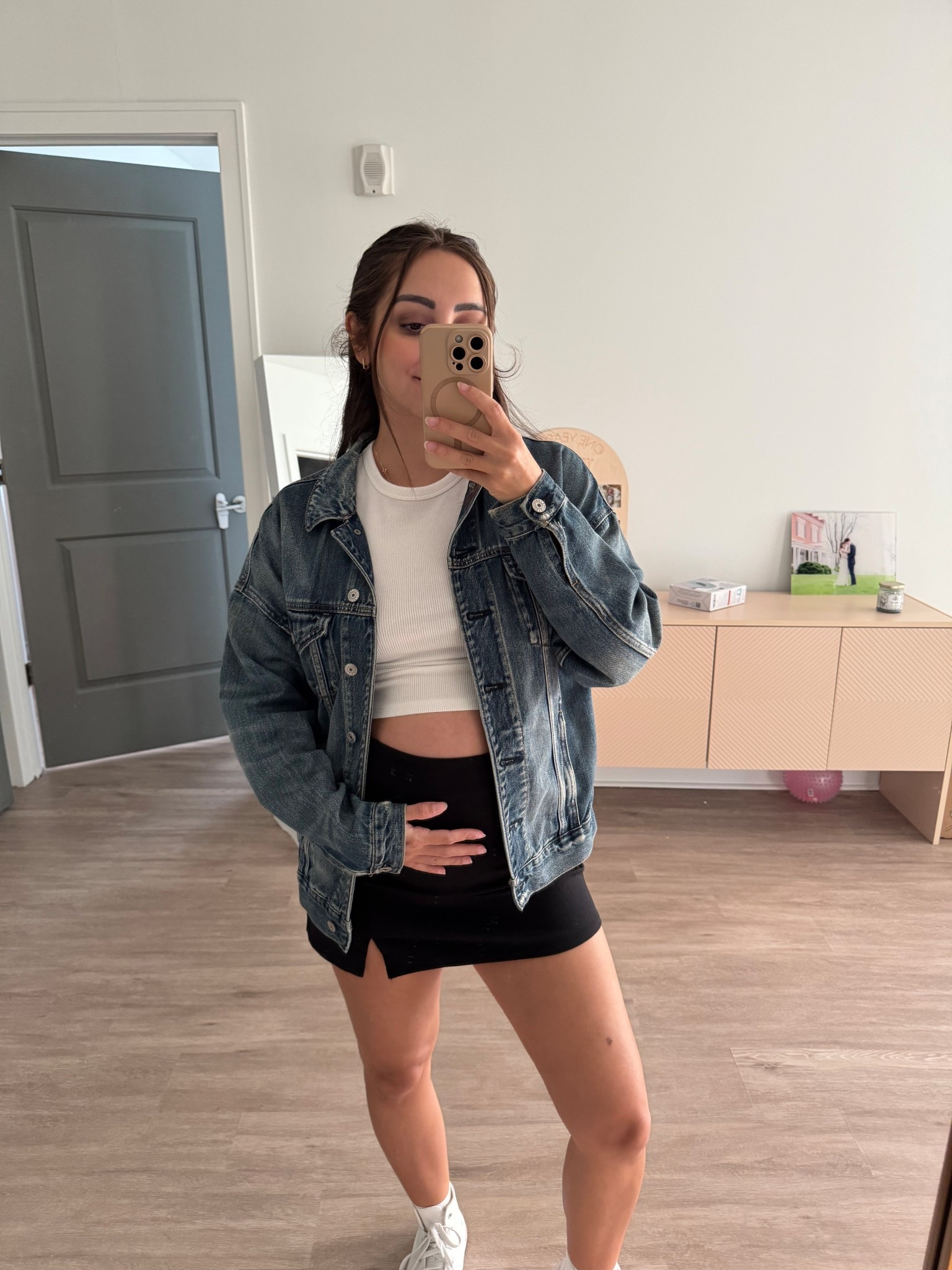 bump-friendly fall transition outfit // AE it knit black mini skirt skort // white baby tee // oversized jean jacket

#LTKBump #LTKPetite #LTKSaleAlert
