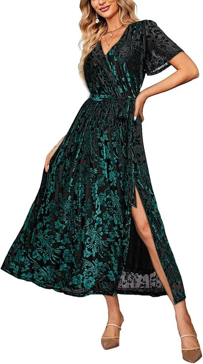 BerryGo Women's Velvet V Neck Wrap Semi Formal Dress Cocktail Party Maxi Dress for Wedding Guest | Amazon (US)