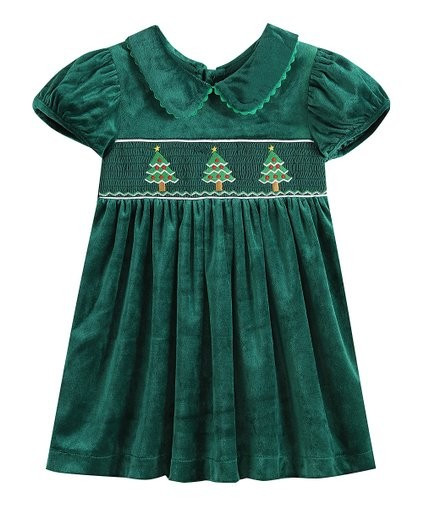 Green Velour Decorated Tree Smocked Collar A-Line Dress - Infant, Toddler &amp; Girls | Zulily