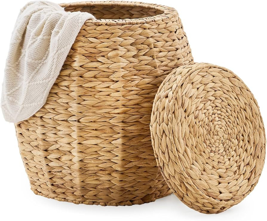 Round Wicker Basket with Lid, Handwoven Water Hyacinth Storage Basket, Blanket Organizer Basket f... | Amazon (US)