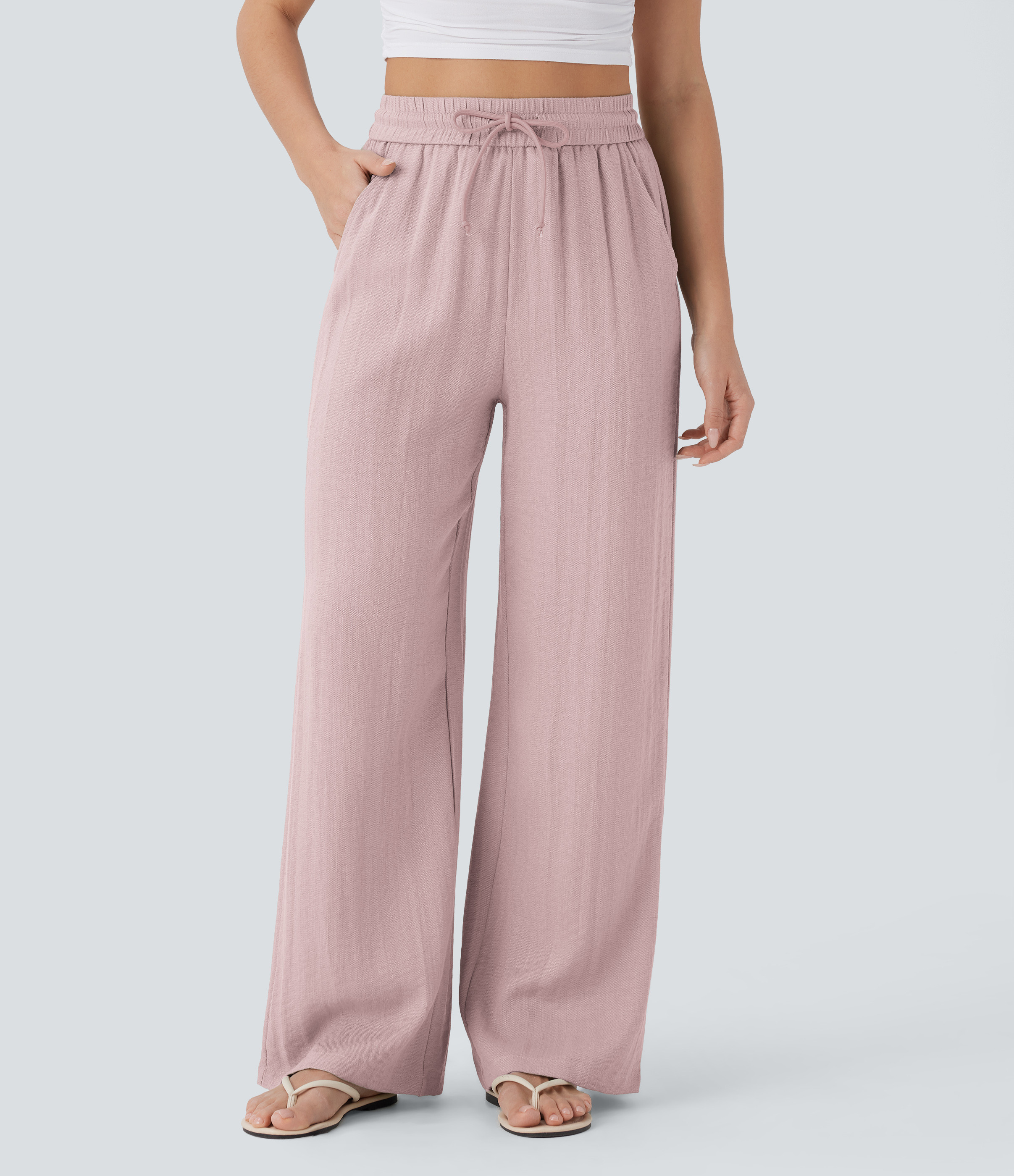 Halara High Waisted Drawstring Pocket Wide Leg Casual Linen-Feel Pants - Pinkesque - XL(regular) sweatpants jogger pants stacked sweatpants | HALARA