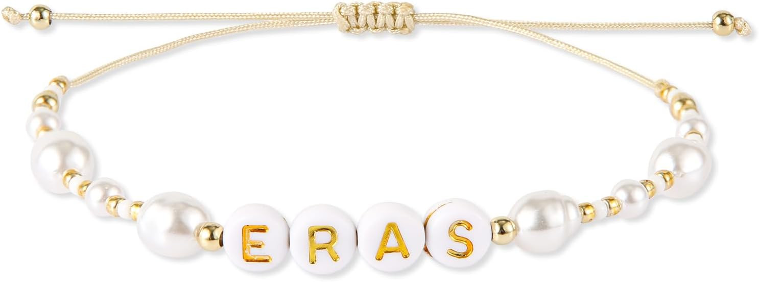 Eras Beaded Bracelet, Engraved Eras Gold Letters Delicate Pearl Beaded Bracelet Adjustable Chain ... | Amazon (US)