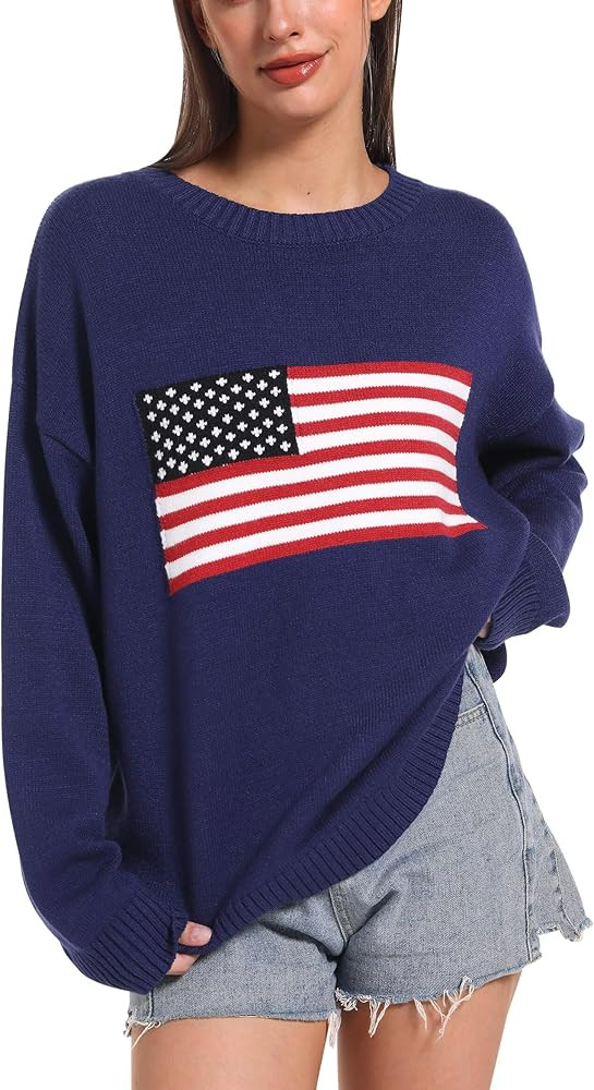 Ugerlov Women's Oversized American Flag Sweater Long Sleeve Crewneck Knit USA Sweaters 2024 Fall ... | Amazon (US)