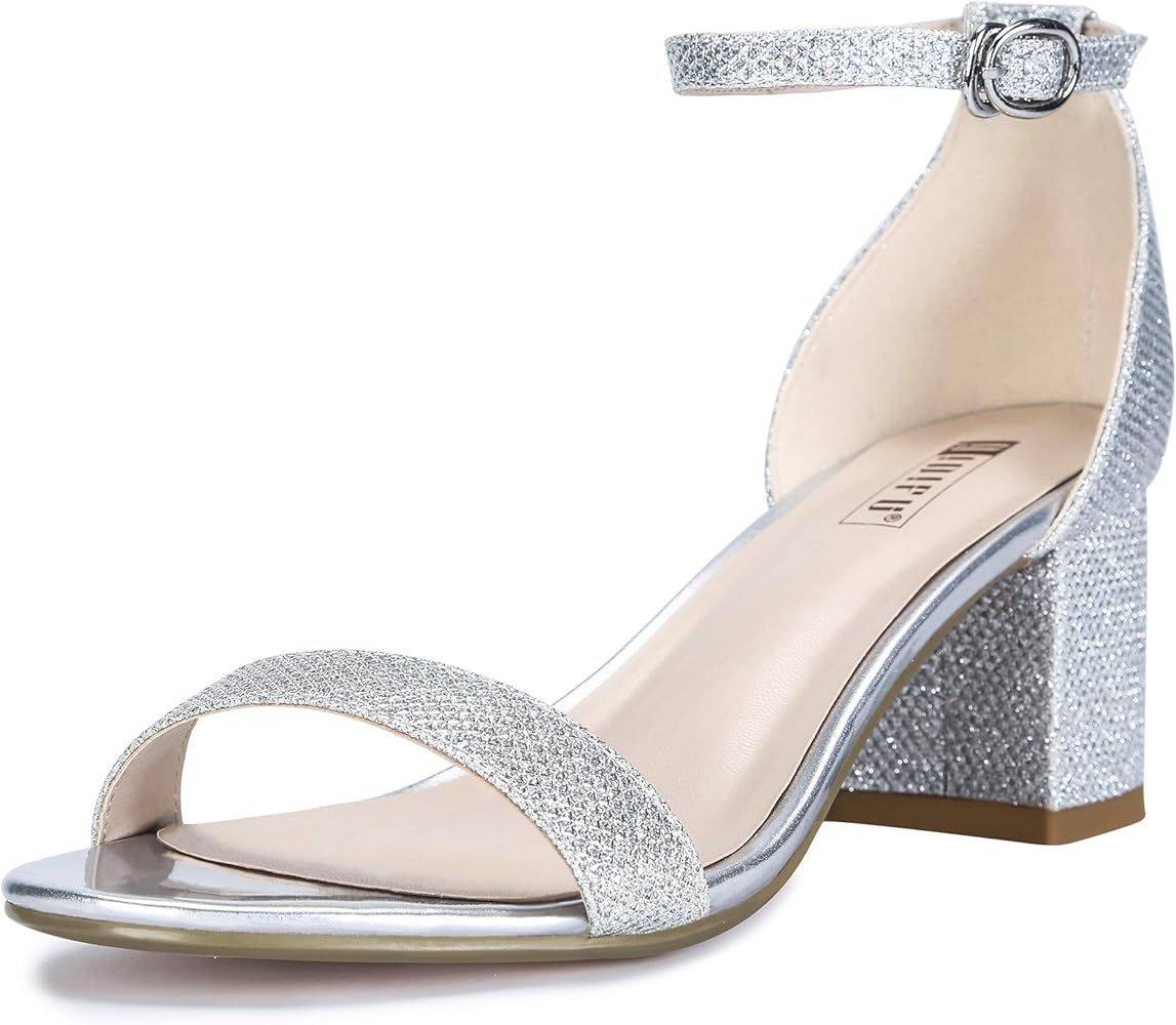 IDIFU Women's Cookie-LO Low Block Heels Chunky Sandals Ankle Strap Wedding Dress Pump Shoes | Amazon (US)