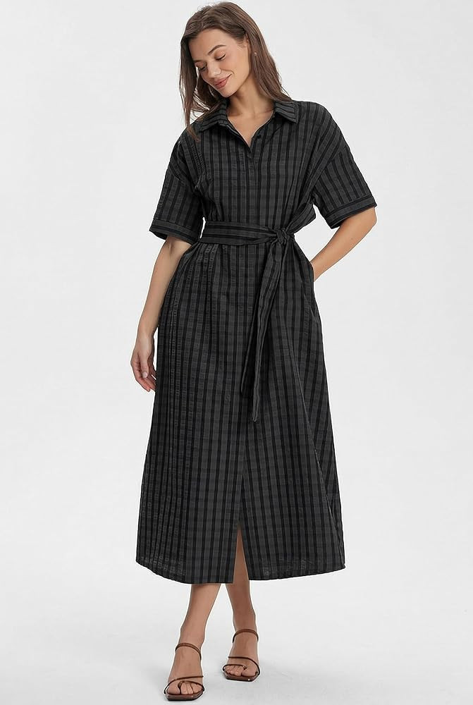 D-Sun Women Short Sleeve Striped Maxi Dress V Neck Collared Casual Button Down Belted Long Shirt ... | Amazon (US)