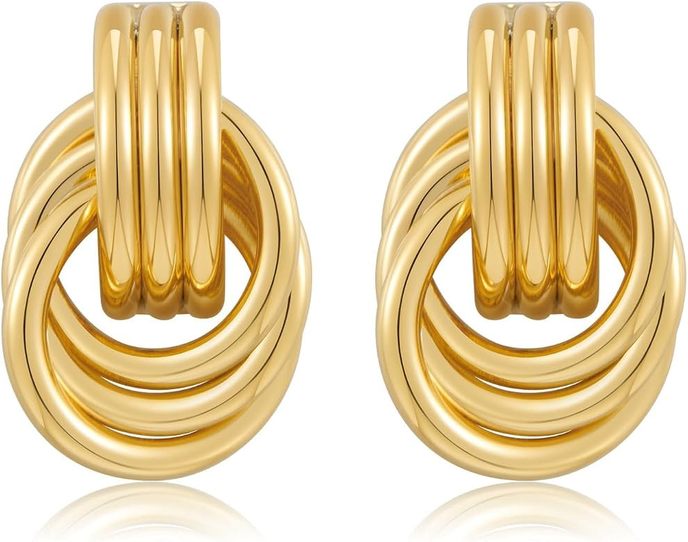 LILIE&WHITE Chunky Gold Statement Earrings, Two-Tone Knot Dangle Earrings, Circular Hoop Drop Ear... | Amazon (UK)