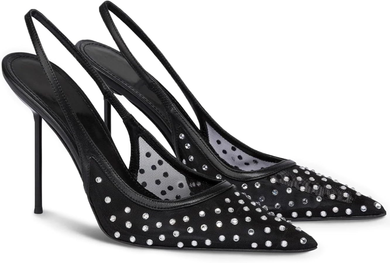 CAGLGLZ Mesh Slingback Heels for Women Sparkly Rhinestone Stilettos High Heel Pumps Women’s Poi... | Amazon (US)