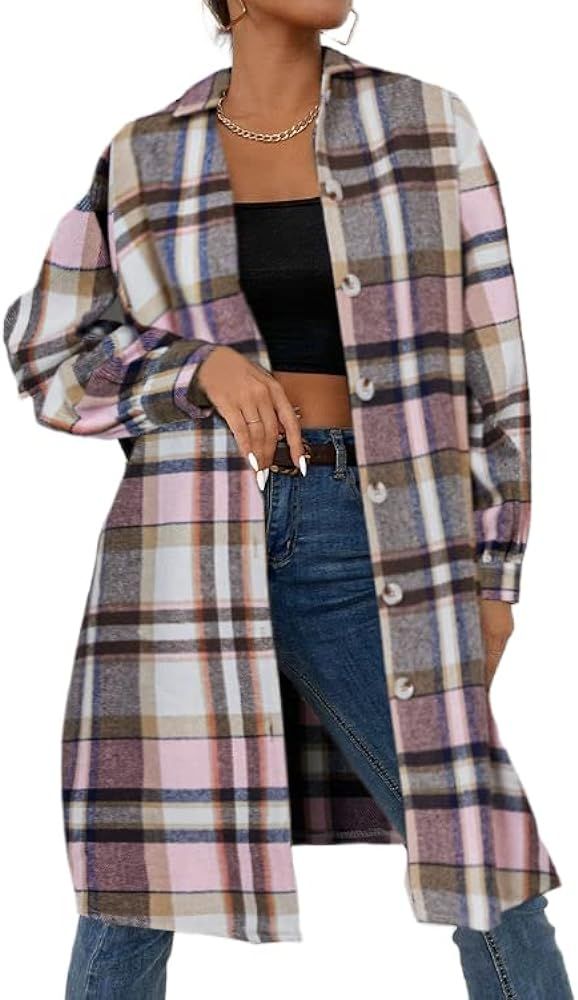 Hotouch Women Flannel Plaid Shirt Heavy Button Down Midi Shacket Long Sleeve Oversized Coat with ... | Amazon (US)
