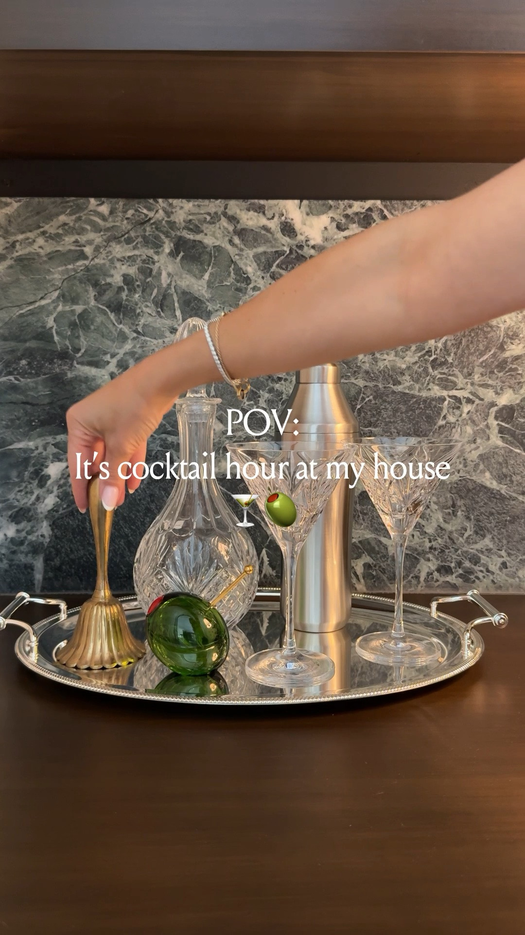 Bar cabinet styling details with a martini on the side 🍸🫒🥰 This little glass olive has been a best seller! And the crystal cut glass collection is the best home bar investment — absolutely stunning! 🤩

#LTKHome #LTKSaleAlert #LTKdayinmylife