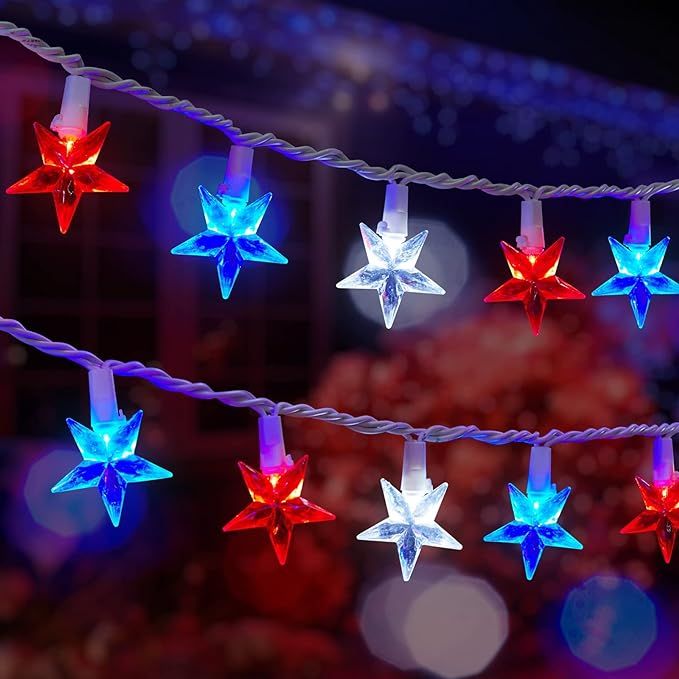 4th of July Decor Red White Blue Stars String Lights, 35.4ft 100 LED Waterproof Connectable Patri... | Amazon (US)