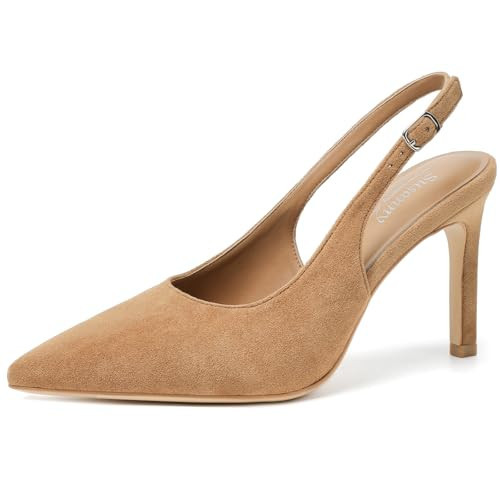 Susanny Women's Light Brown Slingback High Heels Stiletto Pointed Closed Toe Kitten Sexy Heeled Pumps Ankle Strap Casual Elegant Wedding Brida Party Office Dressy Shoes 8.5 | Amazon (US)