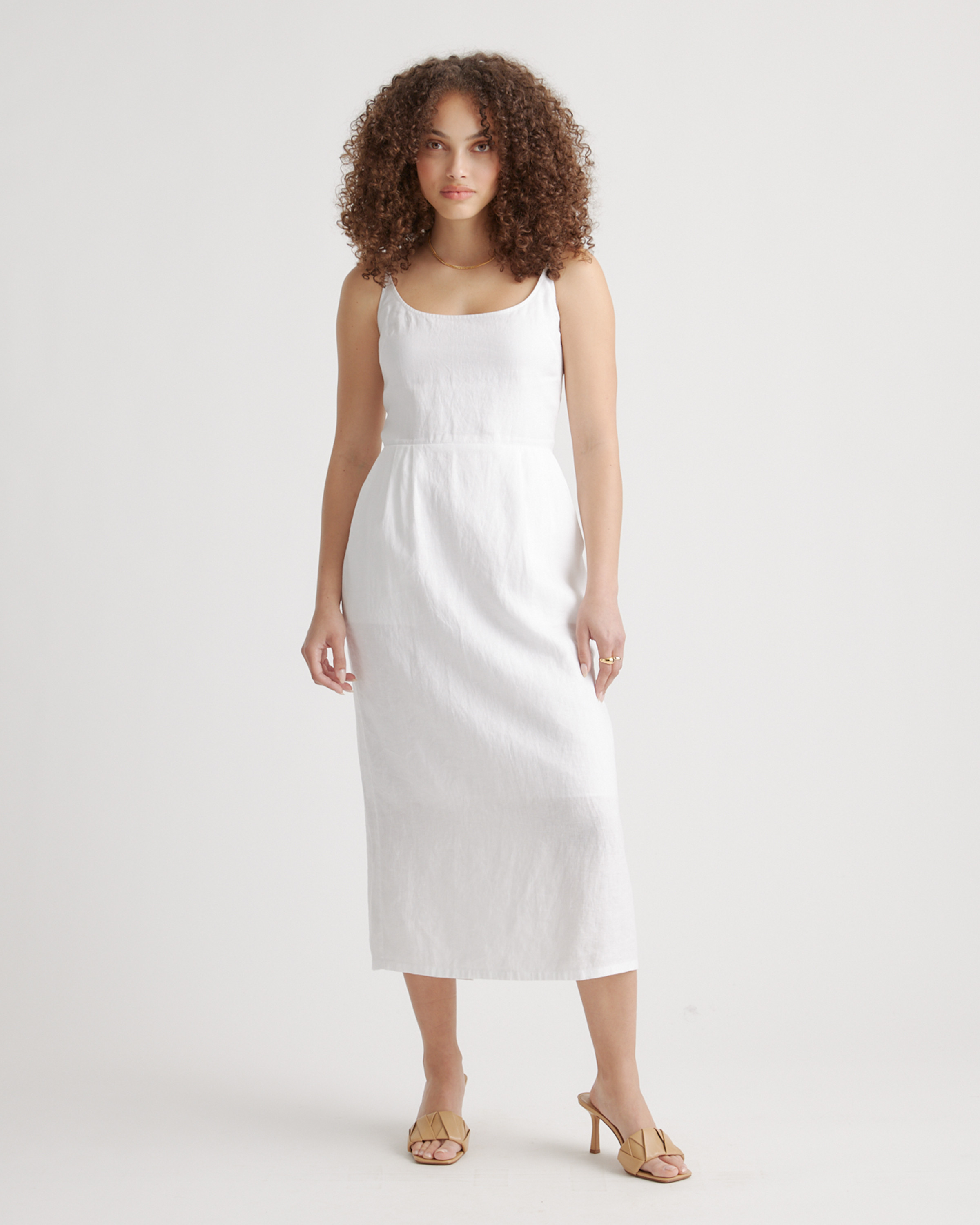 Quince | Women's 100% European Linen Scoop Neck Midi Dress in White, Size Small | Quince