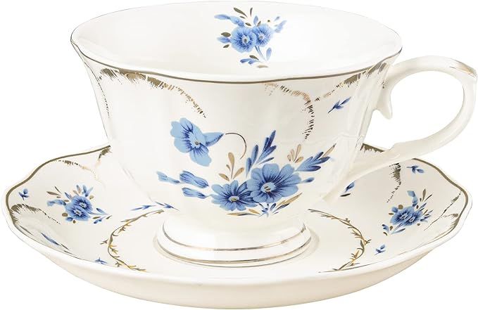 fanquare Blue Tea Cup and Saucer Set for 1, Floral Coffee Cup with Plate Set, English Porcelain T... | Amazon (US)