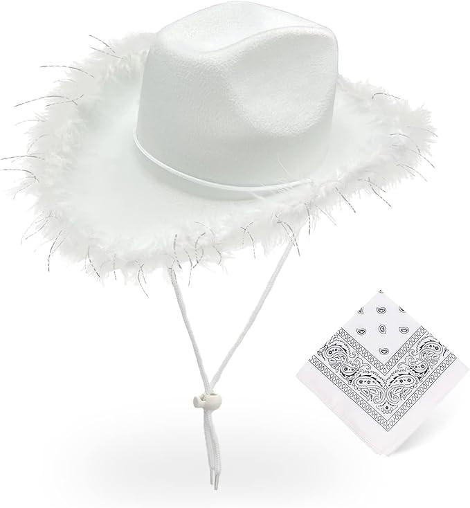 Cowgirl Hat with Feather, Feather Brim Bride Cowboy Hat with Bandana, Cowgirl Hats Women for Hall... | Amazon (US)