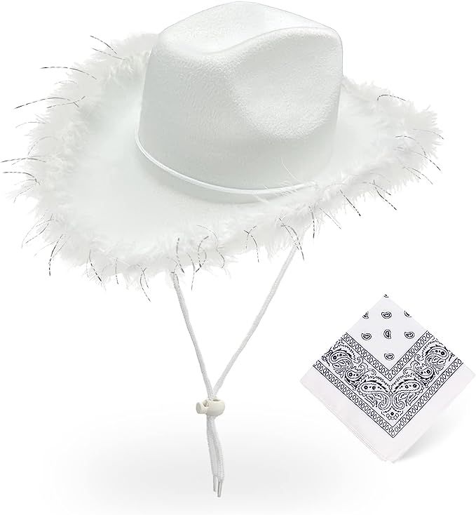 Cowgirl Hat with Feather, Feather Brim Bride Cowboy Hat with Bandana, Cowgirl Hats Women for Hall... | Amazon (US)