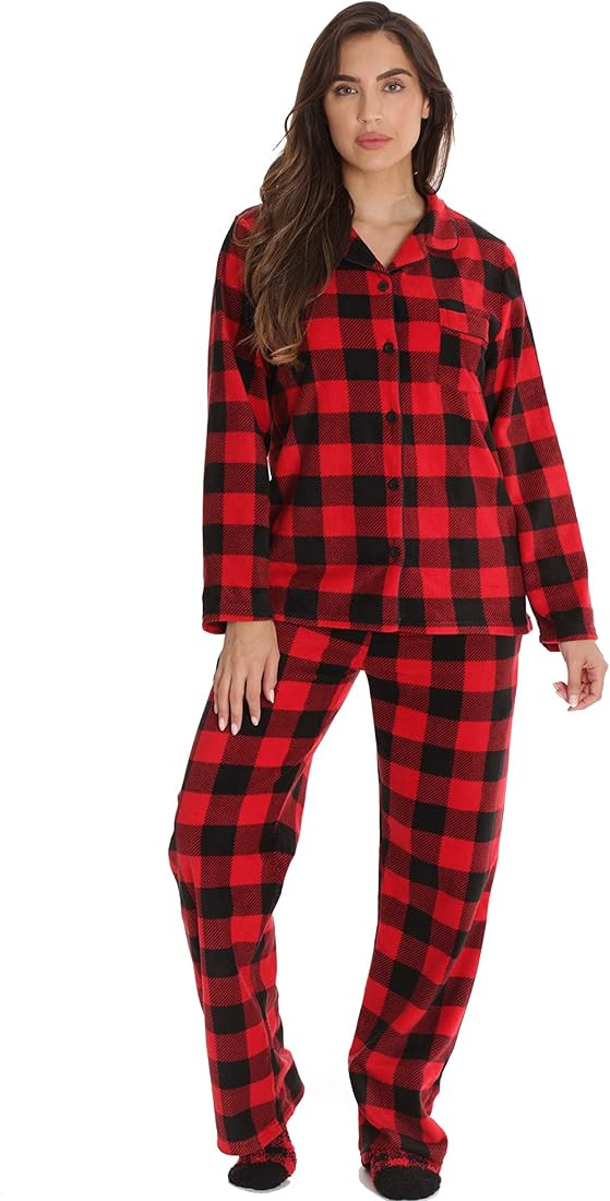 #followme Family Pajamas Buffalo Plaid Button-Front Microfleece Pajamas Set with Matching Socks | Amazon (US)